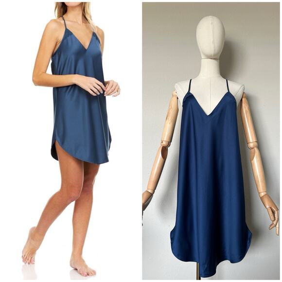 Flora Nikrooz Victoria Solid Charmeuse Chemise Navy Blue Satin Slip Sz Large - Picture 1 of 15